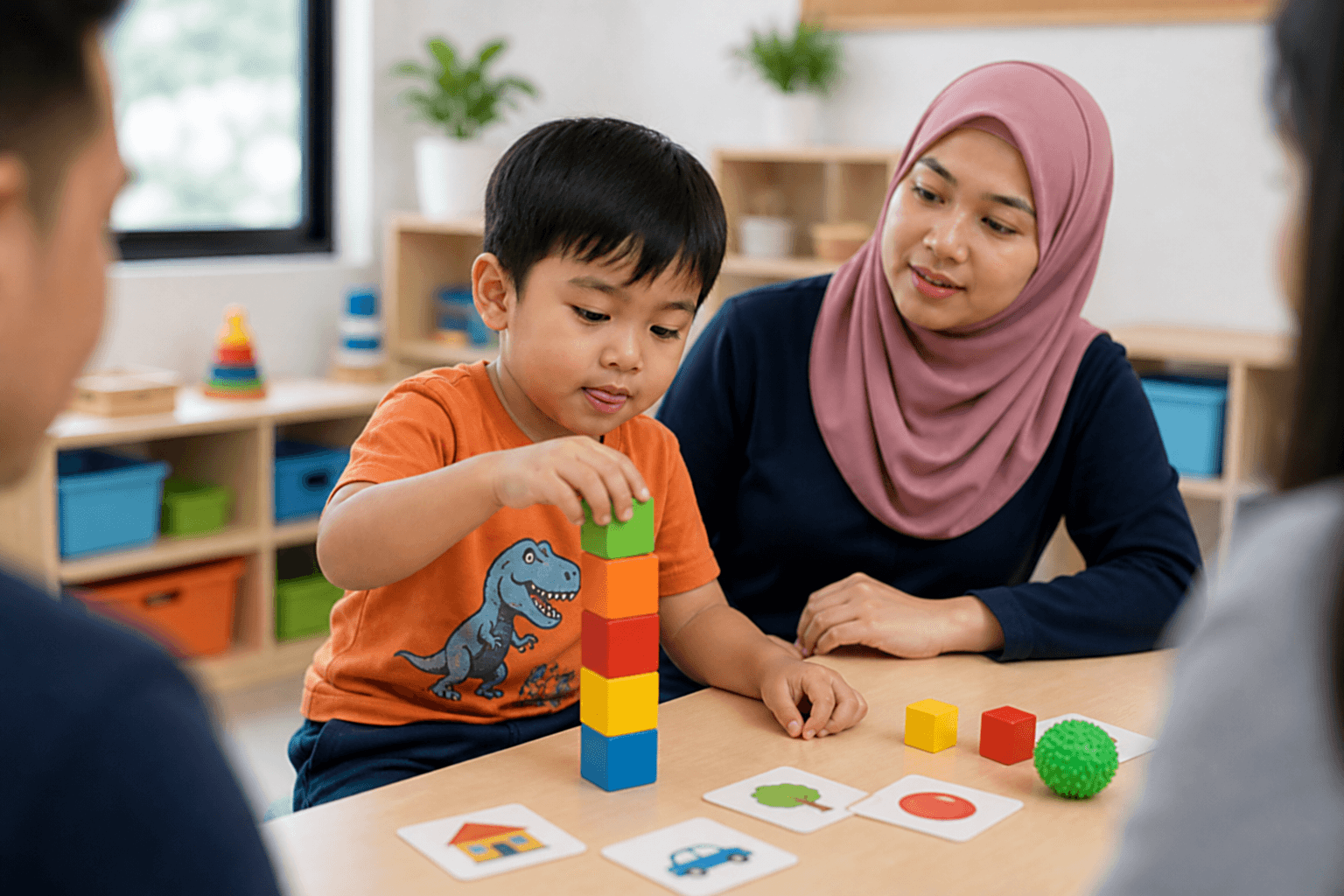 Young child stacking blocks during developmental screening