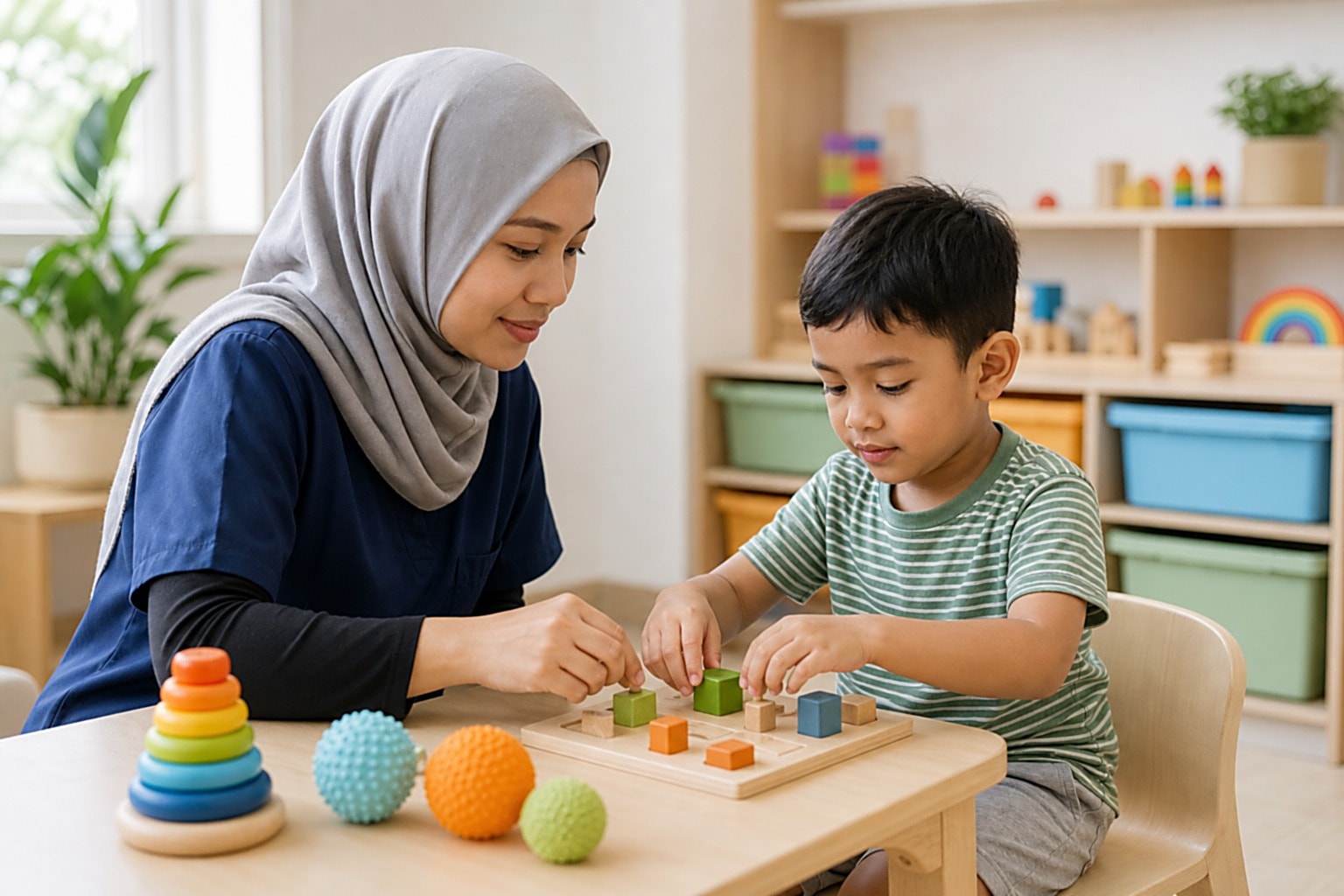 Little Rehab therapist supporting a child through a play-based activity